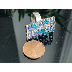 Silver Plated & Blue Topaz Colored Stones Rectangle-Shaped Bling Ring 5 1/4 adju